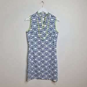 Vince Camuto Blue and White Swirl Dress with Green Accents Size 6